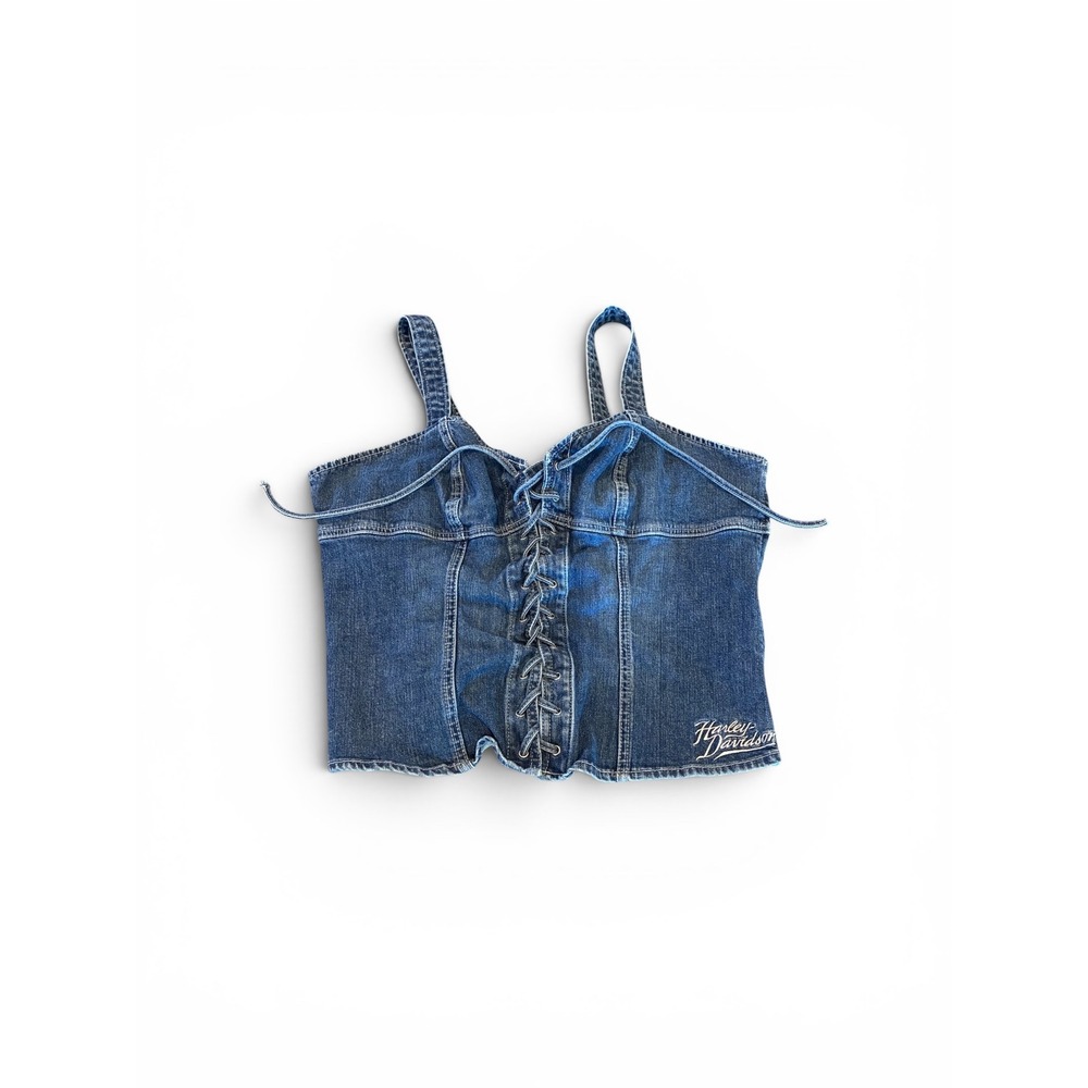 Harley Davidson Denim Bustier Vintage‎ Y2K Lace Up Motorclothes Eagle Biker XL